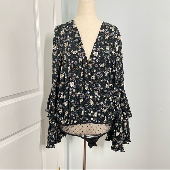 Free People She's Dainty Black Floral Print Long Sleeve Bodysuit - Picture 4 of 14